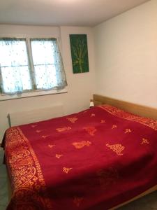 a red bed in a bedroom with two windows at Mona's Sleep & Go in Büren 