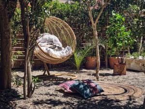 a rattan chair and a pillow in a garden at Shellona Rooms & Apartments in Zakynthos