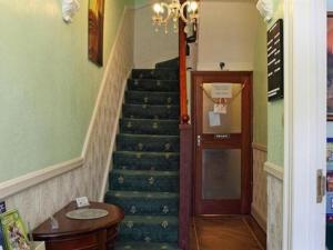 a stairway with a blue carpeted staircase in a house at The Shrewsbury Guest House in Great Yarmouth