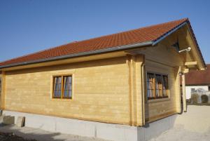 ein großes Holzgebäude mit zwei Fenstern in der Unterkunft Ferientraum Teufel in Hettingen