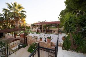a house with a patio and a garden with palm trees at Stone Villa Lagonisi in Lagonissi