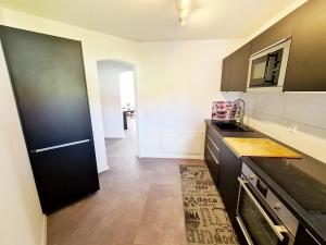 a kitchen with black cabinets and a counter top at Seeperle 3 in Meersburg +28 photos