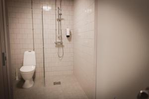 a bathroom with a toilet and a shower with a glass door at Park Hotel Liminka in Liminka