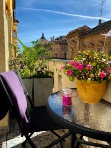 a table with a pot of flowers on a balcony at Schäffer Palace in Szeged