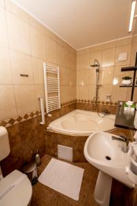 a bathroom with a tub and a sink and a toilet at Hotel Novotheos in Oradea