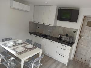a kitchen with a table and chairs and a tv at Noclegi NAD NILEM in Zator
