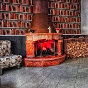 ポンペイにあるAmphitheatrum Gateの本棚付きの部屋の暖炉