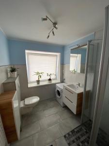 a bathroom with a sink toilet and a window at Henning 1 in Kirchdorf