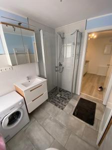 ein Bad mit einer Dusche und einer Waschmaschine in der Unterkunft Henning 1 in Kirchdorf