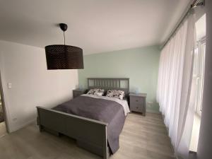 ein Schlafzimmer mit einem Bett und einer Hängeleuchte in der Unterkunft Henning 1 in Kirchdorf