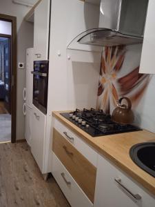 a kitchen with a stove top oven next to a refrigerator at Apartament Bukowa Kopa in Stronie Śląskie