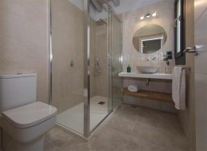 a bathroom with a shower and a toilet and a sink at Adosado-Duplex Marea Baja 3 zona de playa y montañ in Llanes
