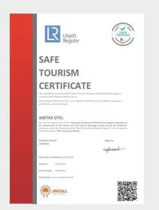 a screenshot of a safe tourism certificate website at Anitas Hotel in Konaklı