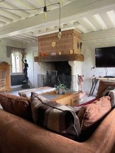 a living room with a couch and a fireplace at la p’tite chaumière in Forges-les-Eaux