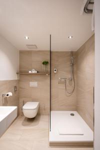 a bathroom with a shower and a toilet and a sink at Hotel Wetterstein in Munich