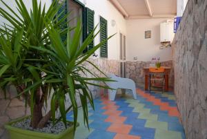 a room with a colorful floor with a chair and a plant at B&B Tor Di Lupo in Mattinata