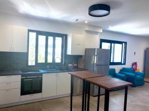uma cozinha com um frigorífico e uma mesa em Urban Habitat Capsule Beds em Nicósia