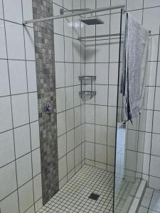una doccia con porta in vetro in bagno di Leopolds Rest a Prieska