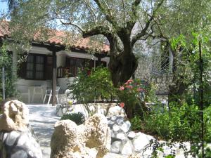a garden in front of a house with a tree at La Mirage in Nea Fokea