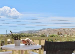 a teddy bear sitting on a table on a balcony at Aegeo Inn in Antiparos