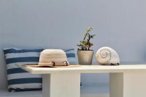 a table with a hat and a plant on it at Aegeo Inn in Antiparos