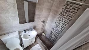 a bathroom with a sink and a toilet and a mirror at Casa Decebal in Eforie Nord +54 photos