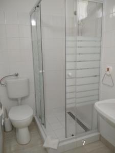ハイドゥソボスローにあるAndi-házのバスルーム(シャワー、トイレ、シンク付)