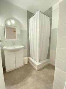 een badkamer met een douchegordijn en een wastafel bij La Maison Du Belvedere in Saint-Cyprien