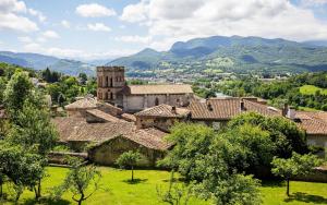 ein altes Dorf mit Kirche und Bergen im Hintergrund in der Unterkunft Terres de France - Domaine du Palais in Saint-Lizier