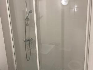 een douche in een badkamer met een glazen deur bij L’Ephemere Saint-Louis Maisonette in Marseille