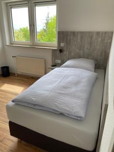 ein großes weißes Bett in einem Schlafzimmer mit zwei Fenstern in der Unterkunft Boardinghouse-Heuchelhof in Würzburg
