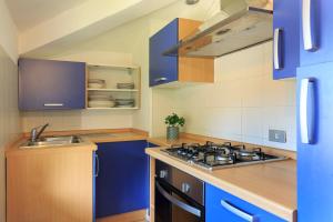 eine Küche mit blauen Schränken, einem Herd und einer Spüle in der Unterkunft Pandora Stresa - By Impero House in Stresa