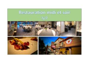 a collage of photos of a restaurant with tables and chairs at Auberge de la Petite Reine in Siorac-en-Périgord