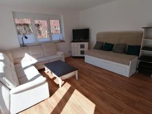 ein Wohnzimmer mit einem Sofa und einem Tisch in der Unterkunft 85 qm Wohnung Pauluste mit Terasse und Garten in Rostock