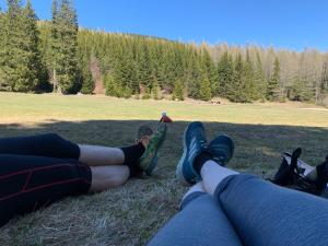 two people laying on the grass in a field at Waldschlössl Schneedörfl in Reichenau