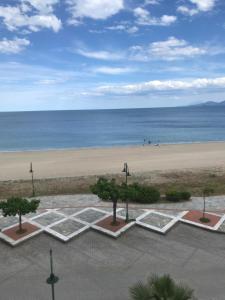 a view of a beach with trees and the ocean at Melachrini Apartments in Nea Vrasna