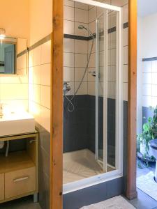 una ducha con puerta de cristal en un baño en Gites des Casernes, en Saint-Christophe 43 fotos más