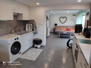 eine Küche mit Waschmaschine und Trockner im Zimmer in der Unterkunft GLAM in Saint-Jean-dʼArvey
