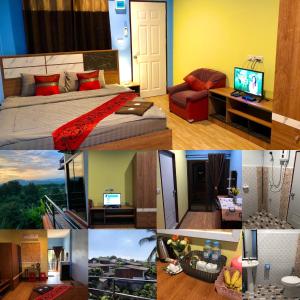 a collage of pictures of a hotel room at โรงแรมแสนดีเพลส เมาเท่นวิว จอมทอง in Chom Thong