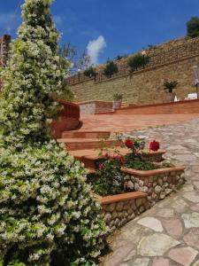 a garden with flowers in pots next to a stone wall at Villa Verde in Cefalù