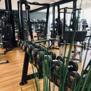a row of dumbbells in a gym at Sporthotel Papenburg in Papenburg