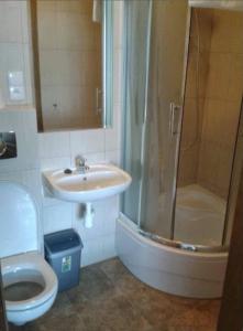 a bathroom with a sink and a shower and a toilet at Pokoje Gościnne Barbara Wacławska in Iława