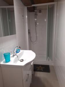 La salle de bains blanche est pourvue d'un lavabo et d'une douche. dans l'établissement Villa Playa del Sol -B6, à Saint-Tropez