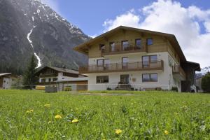 a house in front of a mountain with a green field at Lechtal-Pur-Aparts in Holzgau