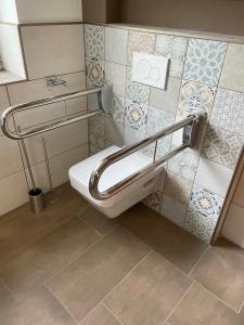 y baño con aseo y riel adaptado para personas de movilidad reducida. en Jahn Apartments, en Barßel