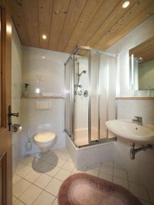 a bathroom with a shower and a toilet and a sink at Haus Hölzl Ferienwohnungen in Ramsau