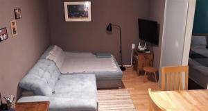 uma sala de estar com um sofá e uma televisão em Apartman TIN em Varaždin