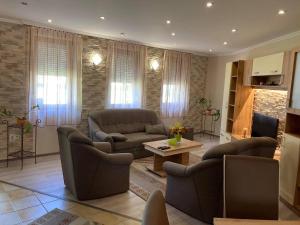 a living room with two couches and a tv at Boróka Apartman Gyula in Gyula