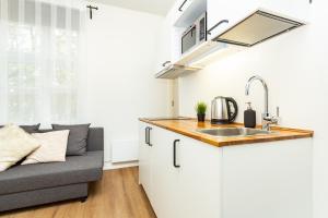 a kitchen with a sink and a couch at EasyRentals Central Tallinn Apartments by Tallinn University in Tallinn