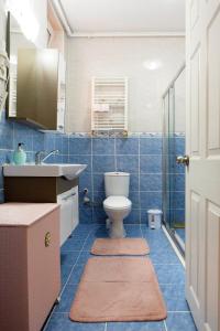 a bathroom with a toilet and a sink with blue tiles at Best location in İstanbul in Istanbul